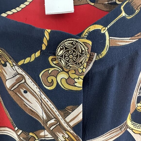 Vtg Stephanie Andrews 100% Silk Navy Red Button Dwn Blouse XS Corpcore Old Money - Picture 3 of 9